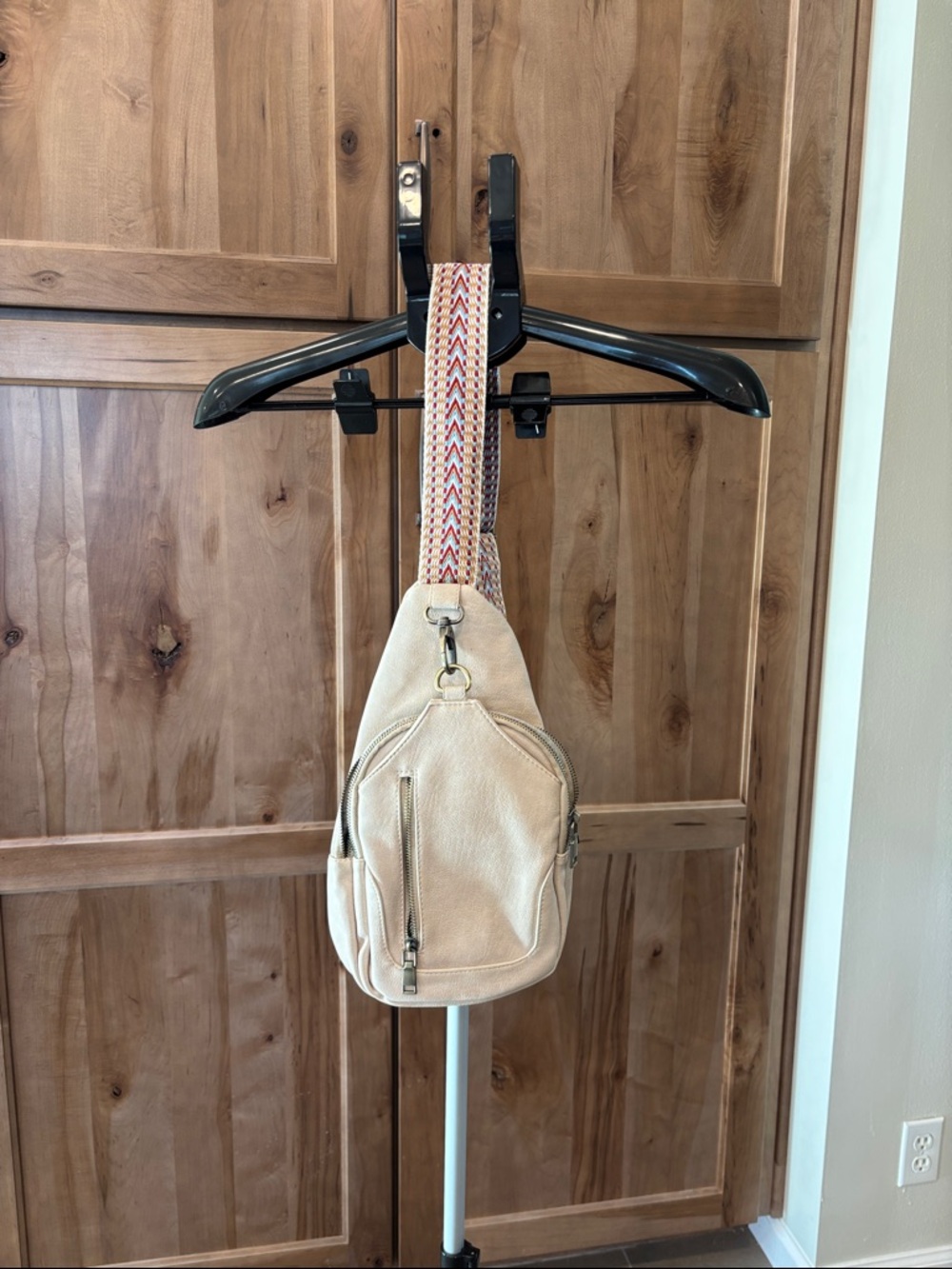 Neutral Beige Crossbody Sling Bag with Patterned Adjustable Strap